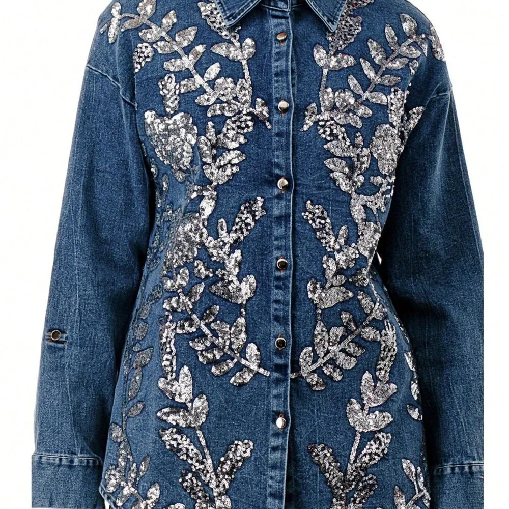 Blue Casual Women's Floral Sequin Party Denim Jacket & Jeans Vacation Set - Picture 6 of 6